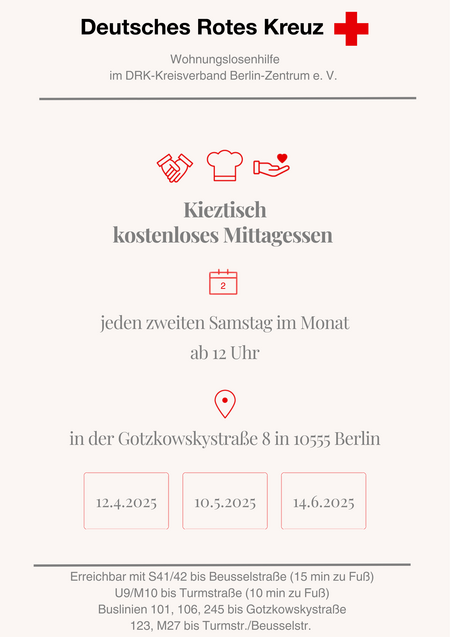 Flyer für den Kieztisch mit Zeiten, Ort und Adressen