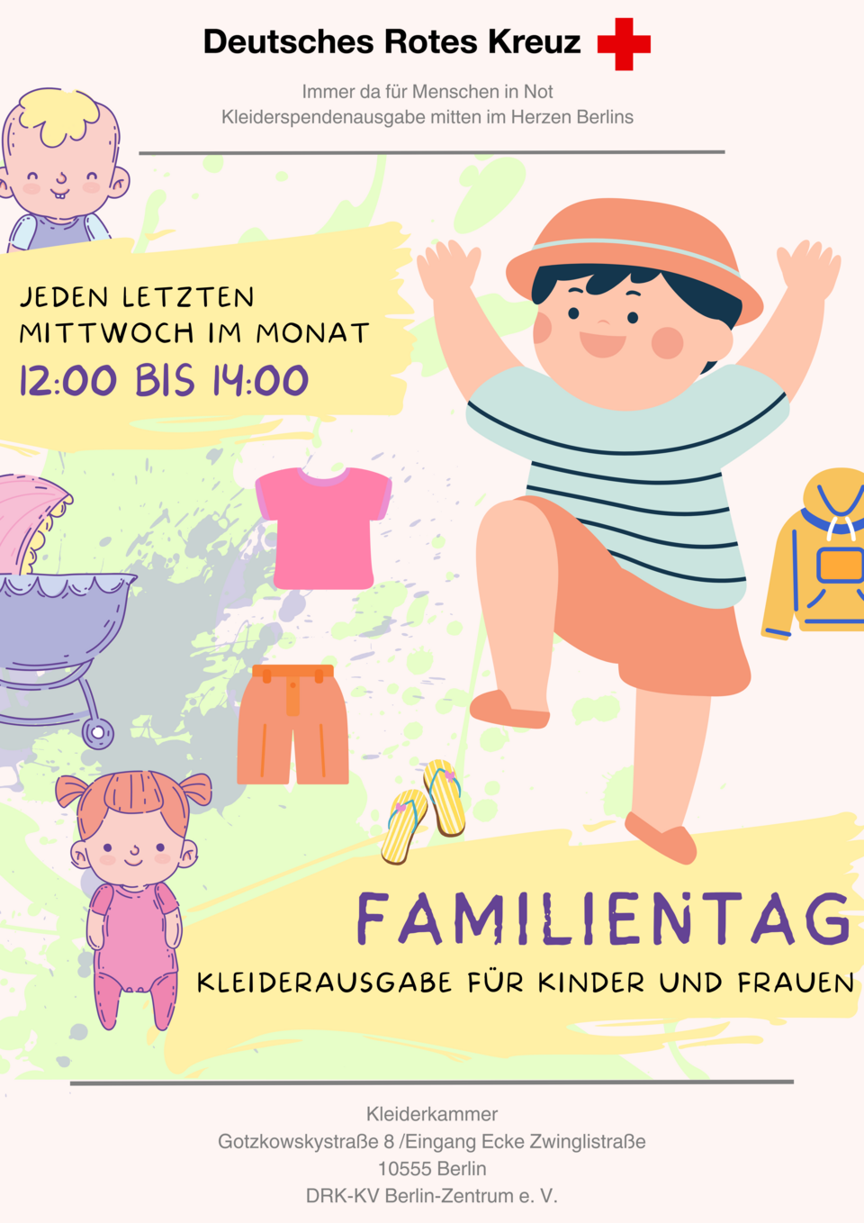 Bunt gestalteter Aushang mit Informationen zum Familientag in der Kleiderkammer