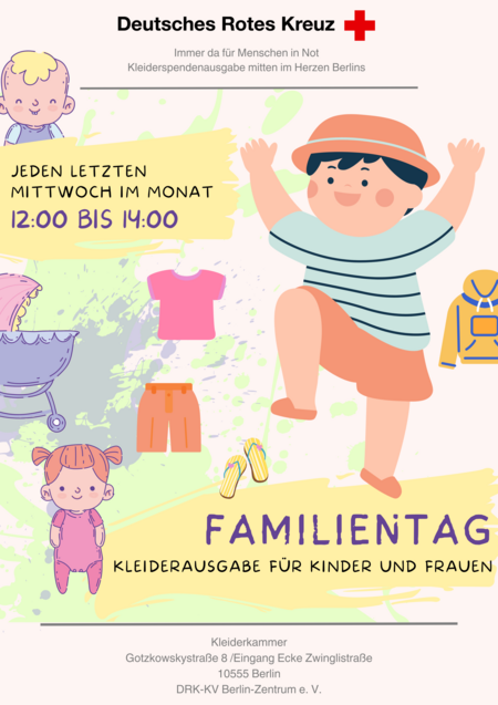 Bunt gestalteter Aushang mit Informationen zum Familientag in der Kleiderkammer