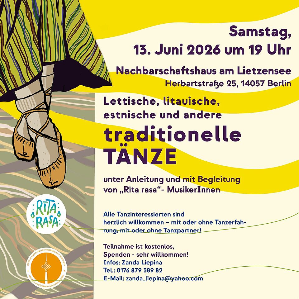 Einladung Tanzveranstaltung Auf dem Bild sind die wichtigsten Punkte zur Tanzveranstaltung von Rita Rasa am 13.6. ab 19 Uhr im Nachbarschaftshaus am Lietzensee zusammengefasst. - alle Tanzinteressierten sind willkommen - egal ob mit oder ohne Erfahrung - Teilnahme ist kostenlos - Spenden erwünscht