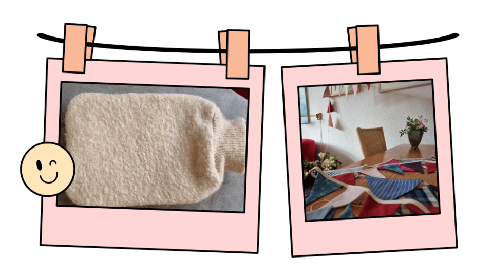 Zwei Beispielbilder aus unserem Näh- und Handarbeitscafé - eine Wärmflasche aus gefilzter beigfarbener Wolle und eine Wimpelkette aus bunten Stoffresten, die auf einem Tisch liegen
